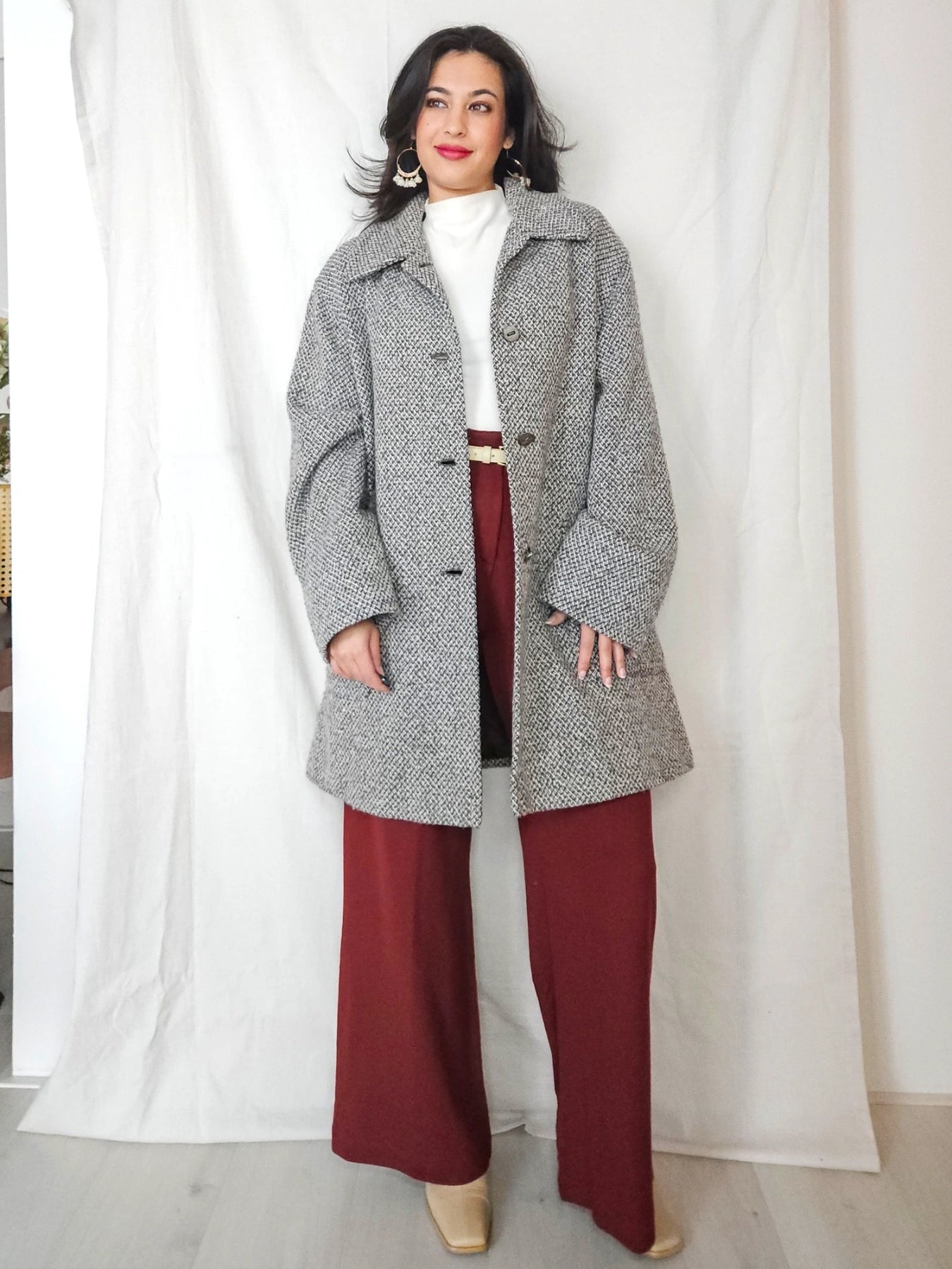 Elena - grijs geruite wollen mantel | L