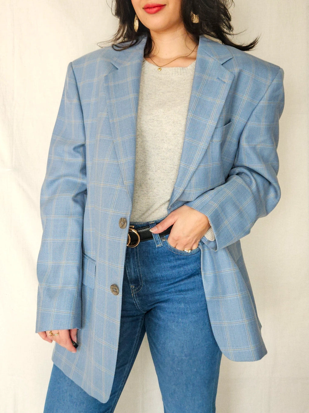 Rae - lichtblauwe geruite blazer, wool blend | 3XL