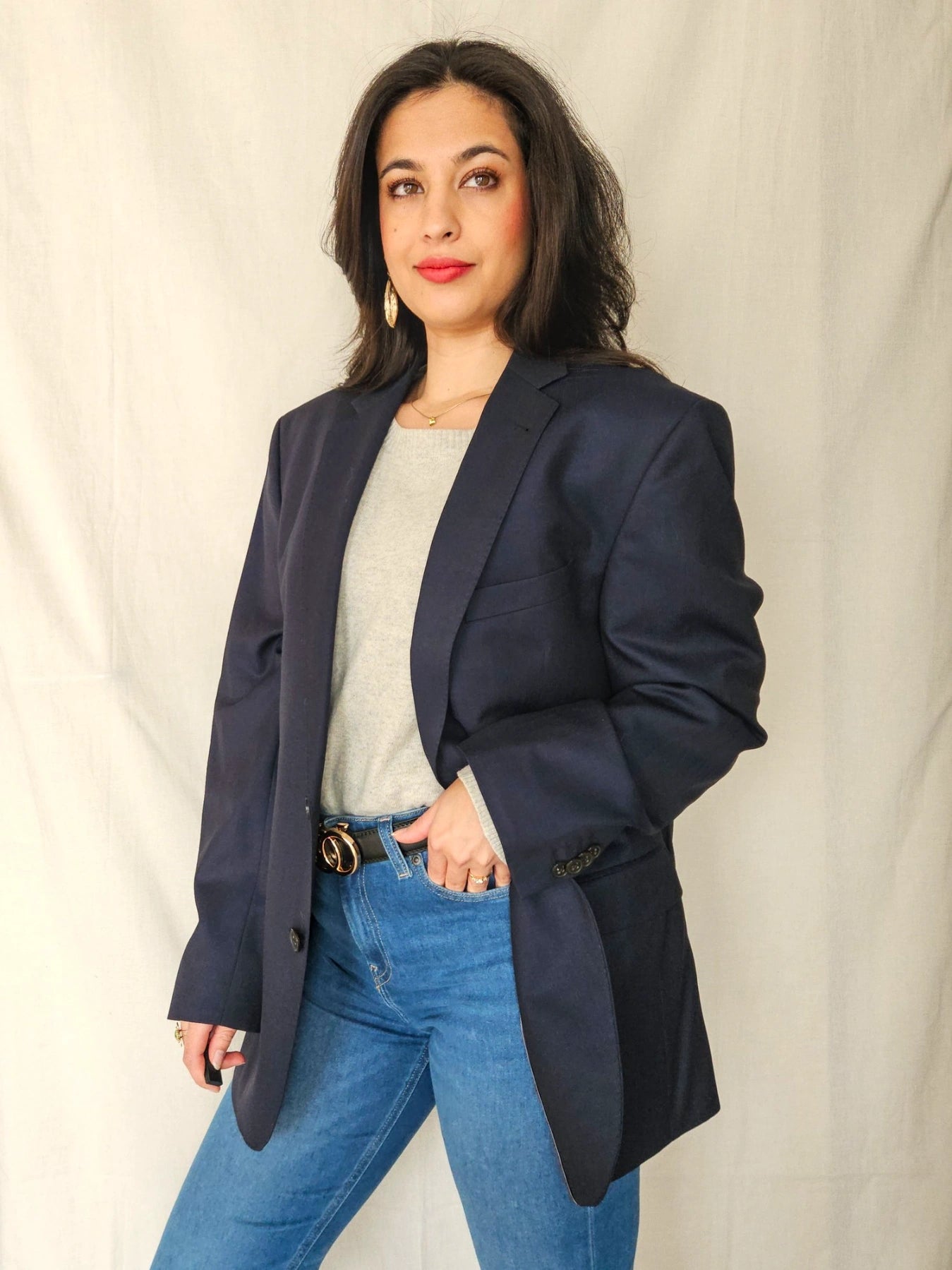 Ebba - donkerblauwe blazer, scheerwol | 2XL