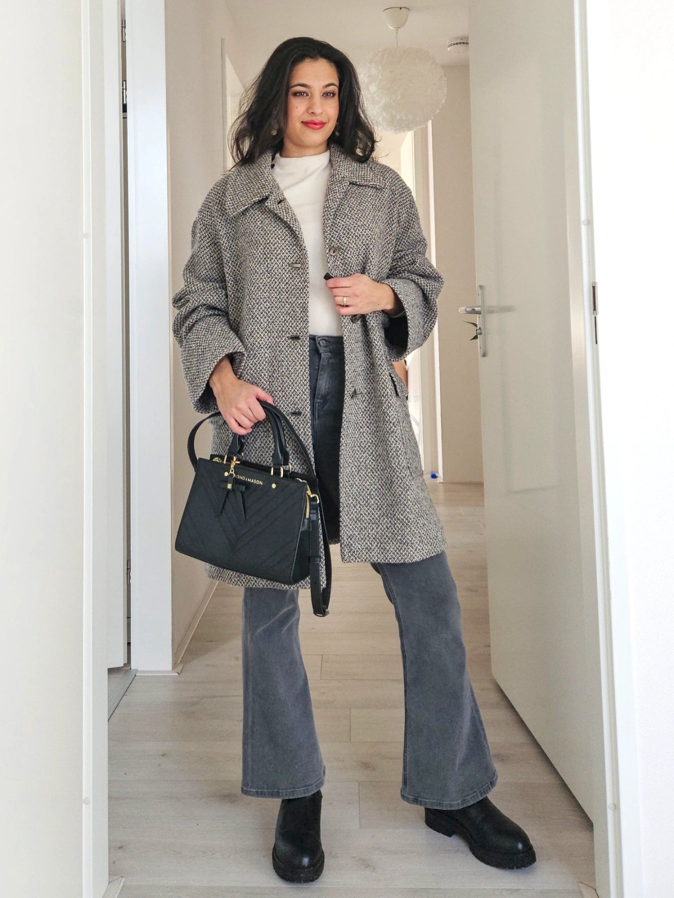Elena - grijs geruite wollen mantel | L