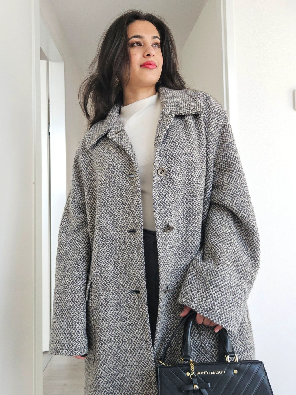 Elena - grijs geruite wollen mantel | L