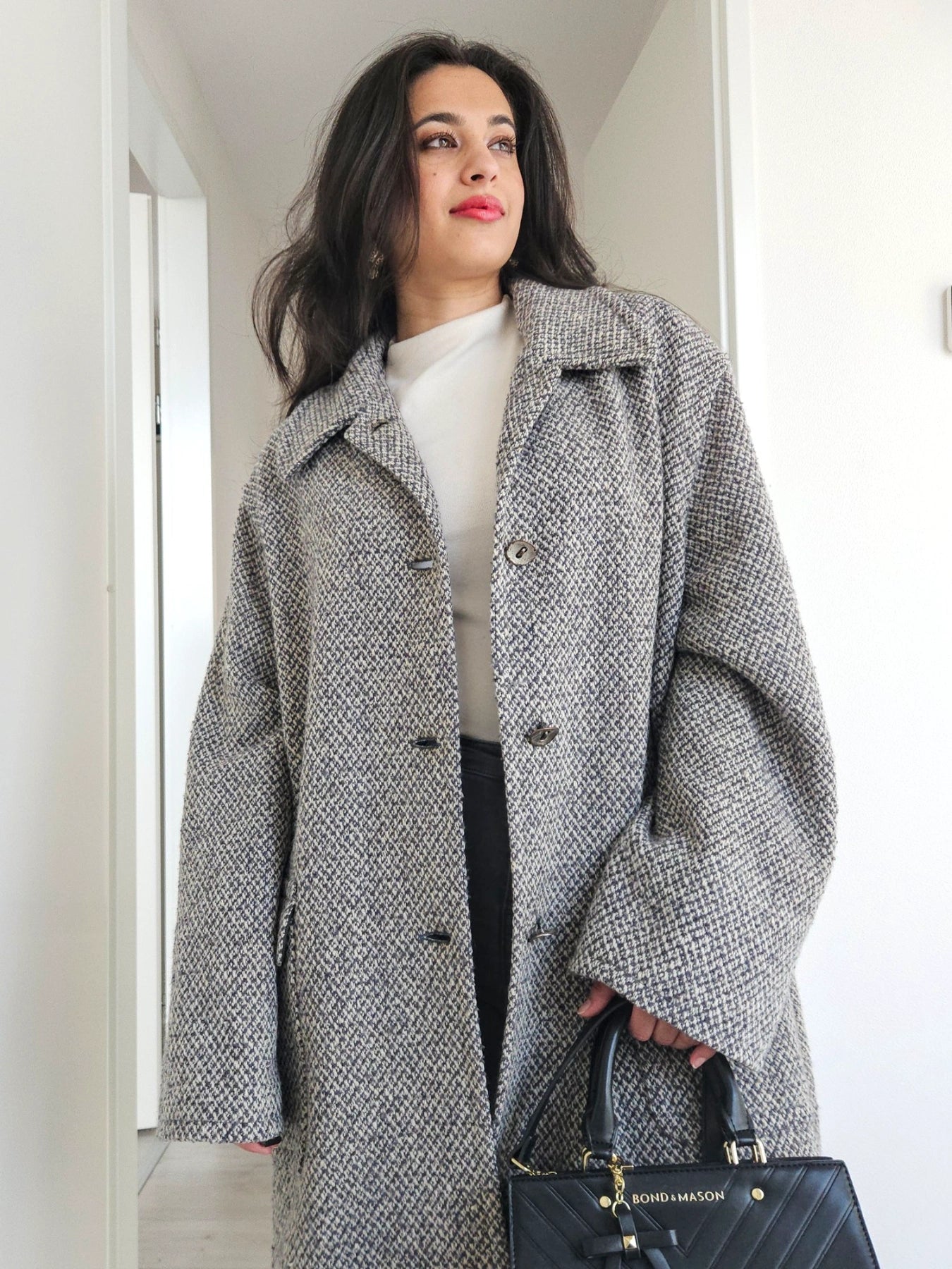 Elena - grijs geruite wollen mantel | L