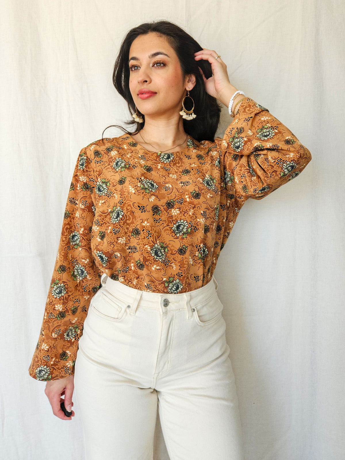 Bo - bruine vintage blouse met bloemenprint | S