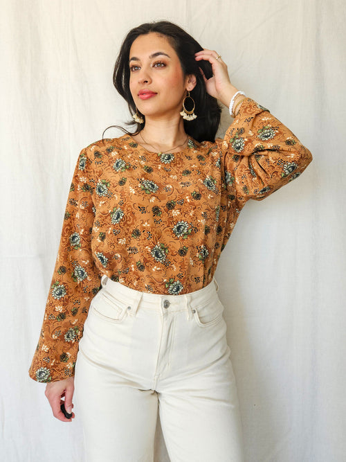 Bo - bruine vintage blouse met bloemenprint | S