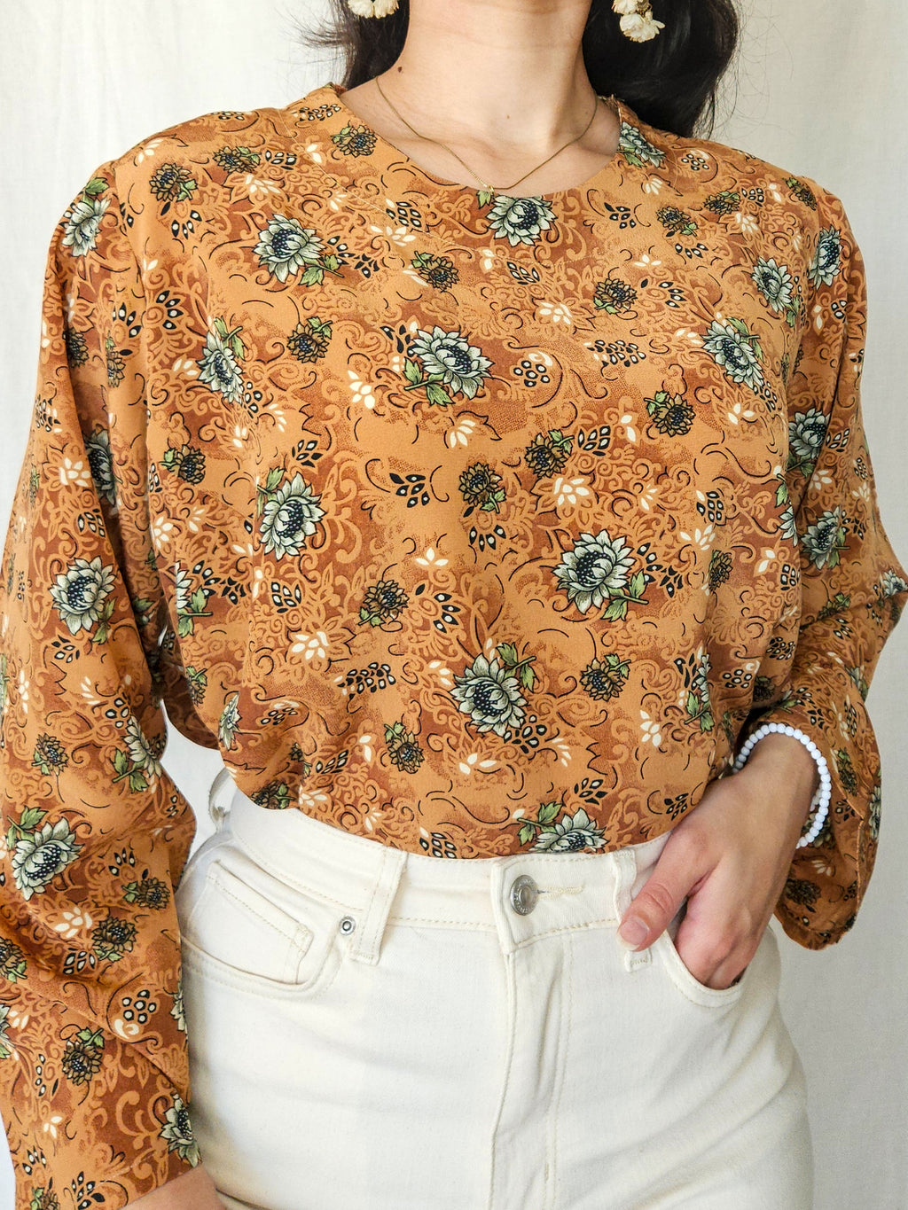Bo - bruine vintage blouse met bloemenprint | S