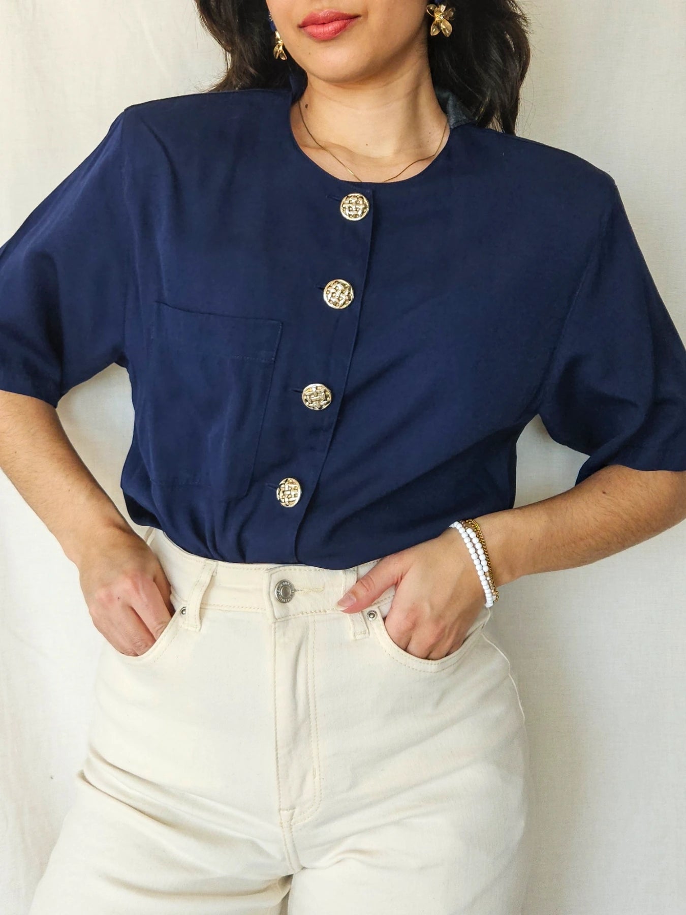 Chloé - donkerblauwe vintage blouse met korte mouw | XL