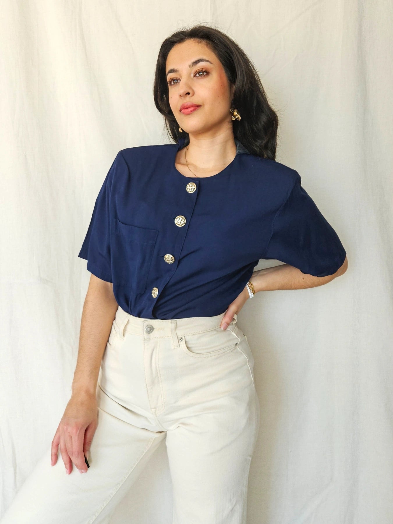 Chloé - donkerblauwe vintage blouse met korte mouw | XL