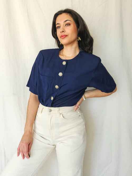 Chloé - dark blue vintage short-sleeved blouse | XL