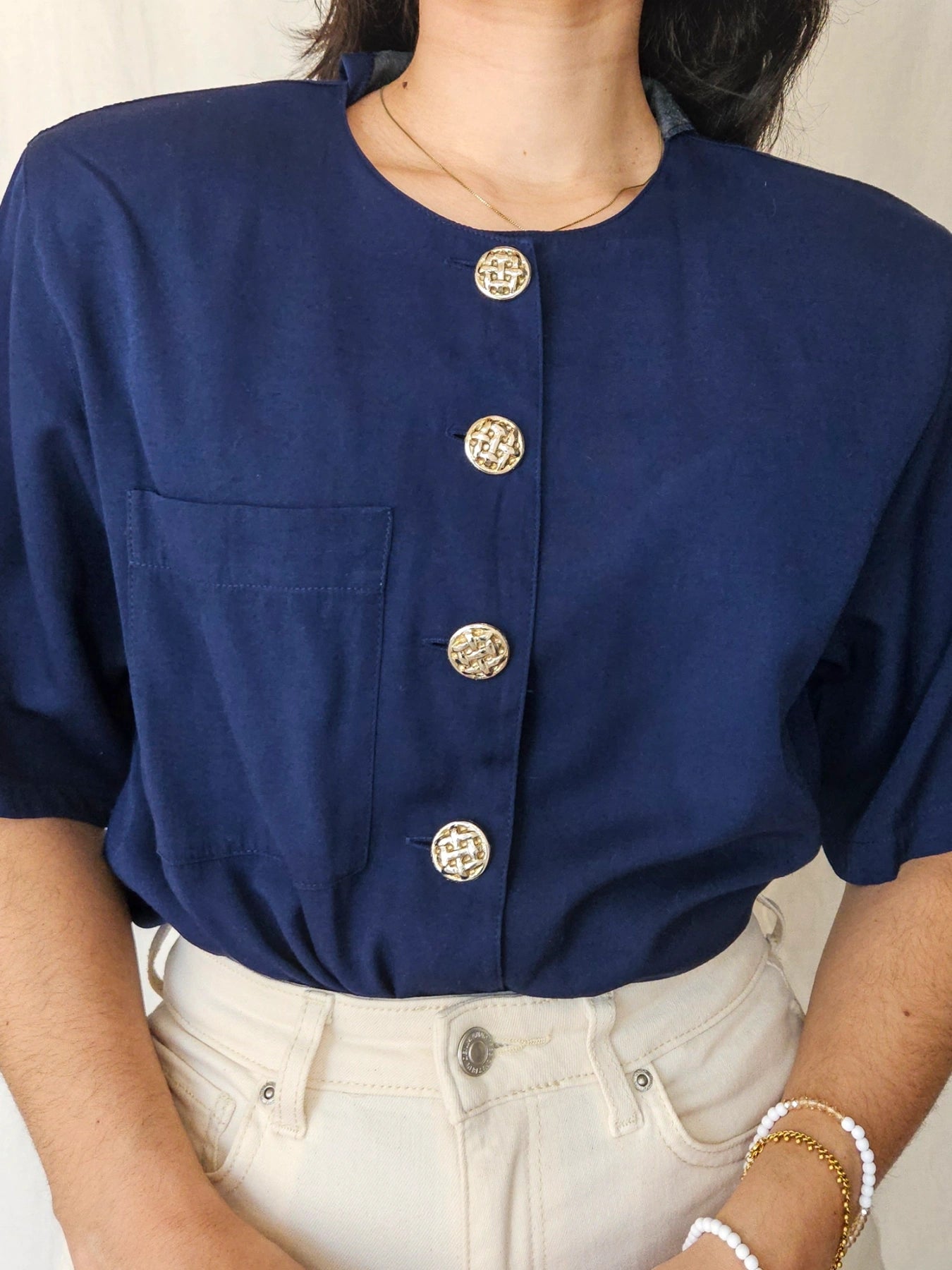 Chloé - donkerblauwe vintage blouse met korte mouw | XL