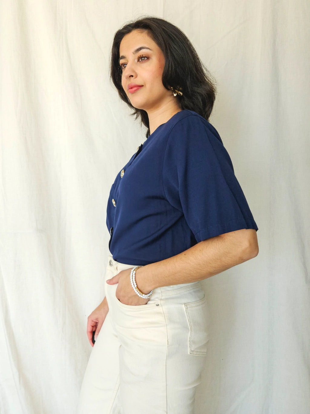 Chloé - donkerblauwe vintage blouse met korte mouw | XL