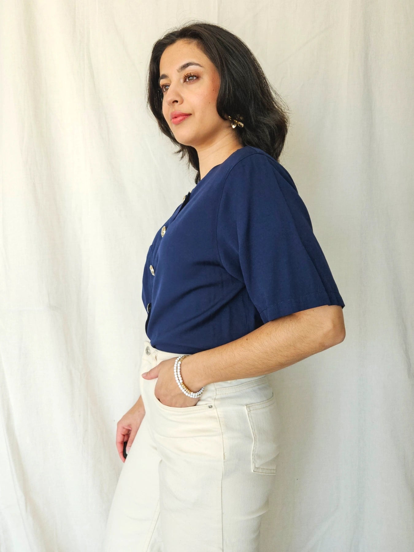 Chloé - donkerblauwe vintage blouse met korte mouw | XL