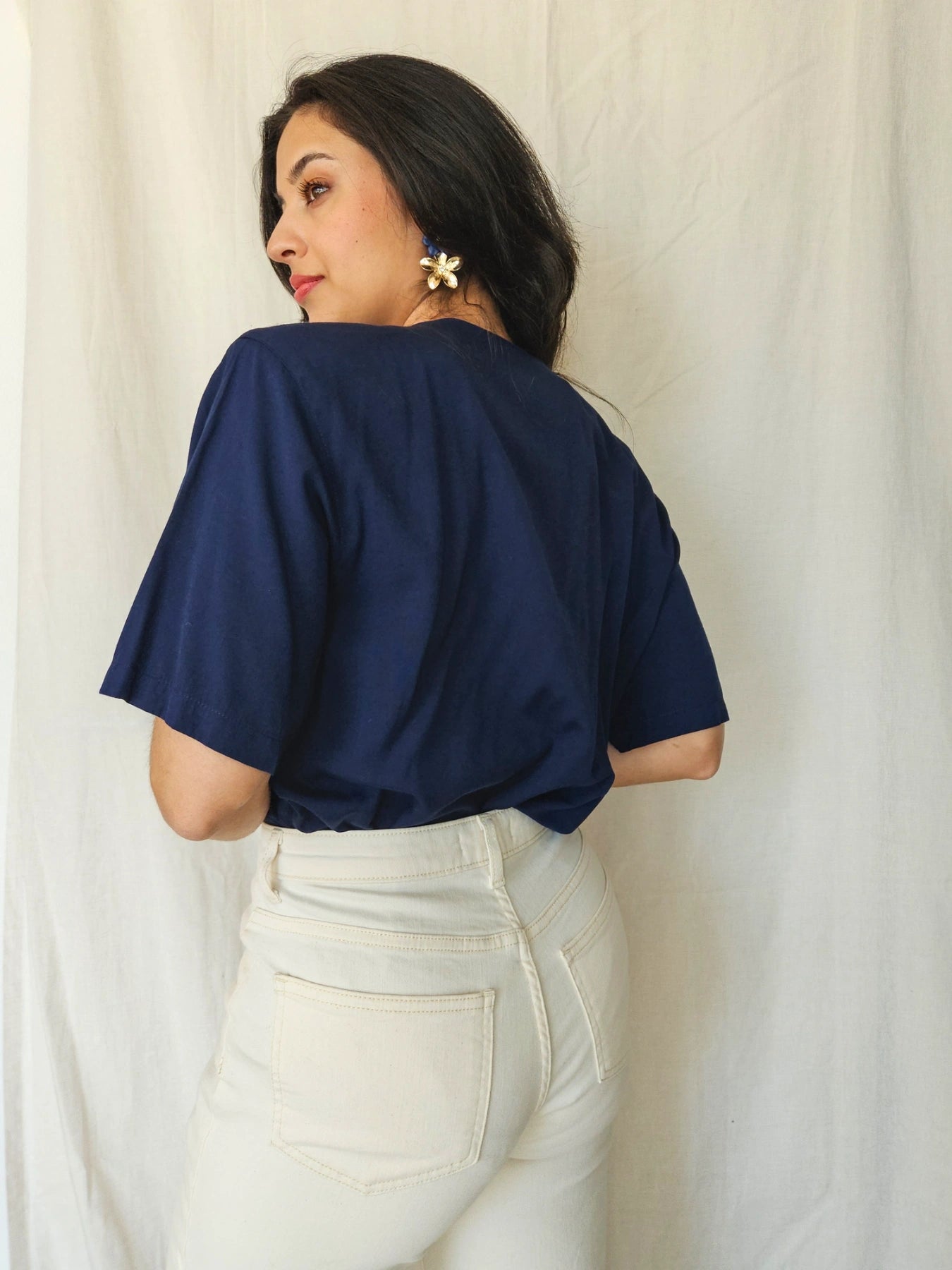 Chloé - donkerblauwe vintage blouse met korte mouw | XL