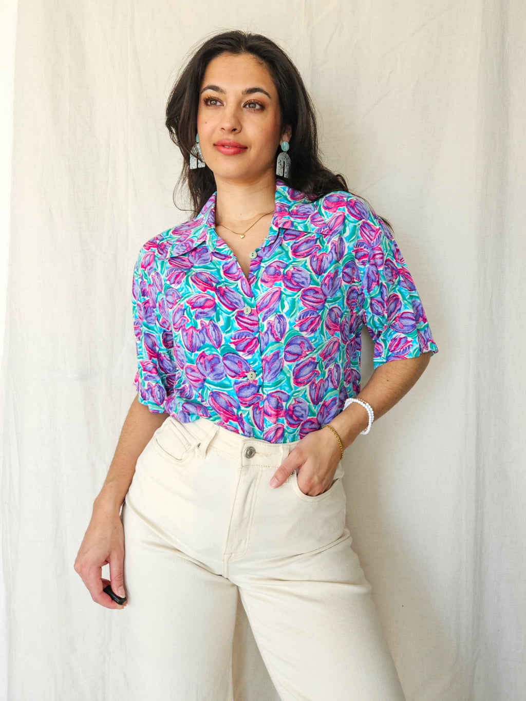 Daphne - vintage blouse met korte mouw, viscose | XXL