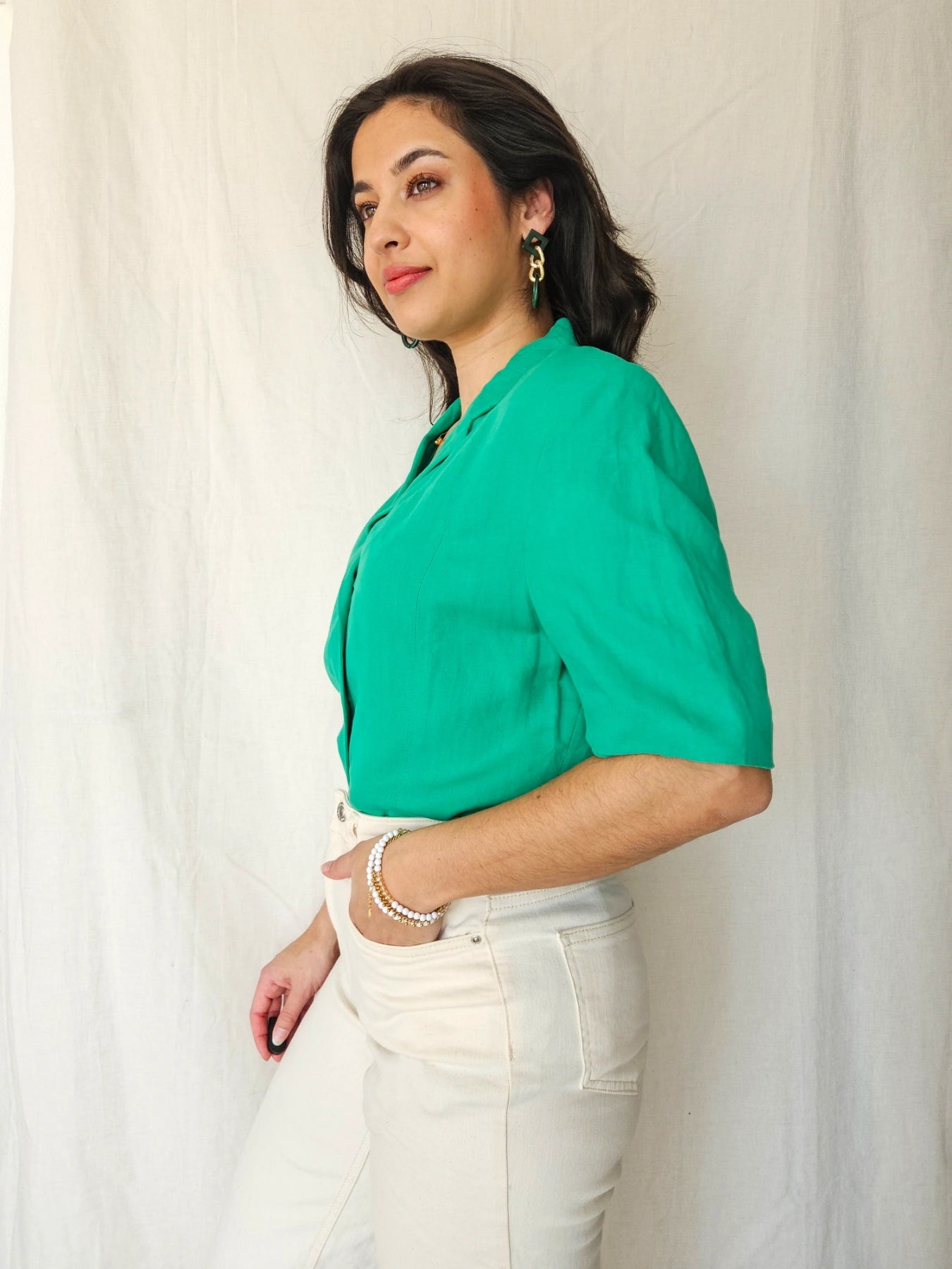 Betty - donkergroene vintage top, linnen | L