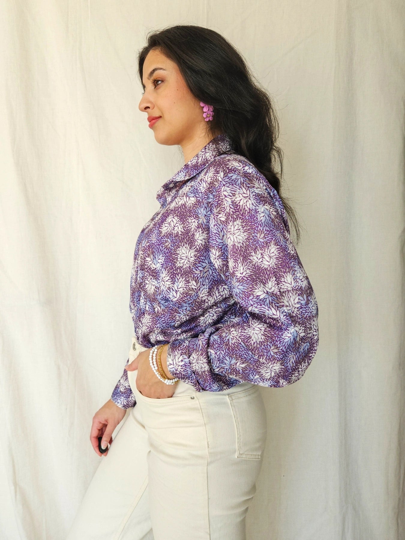 Lux - vintage blouse met paarse print | XXL