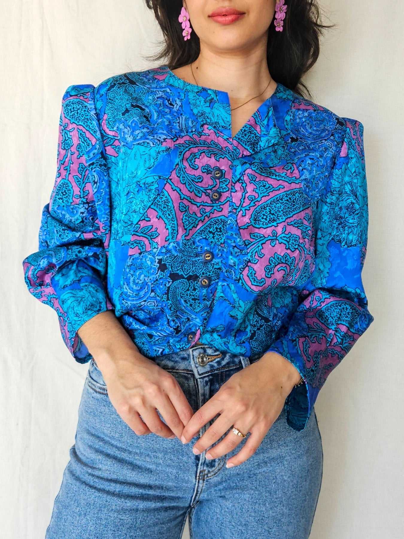 Hanne - blauwe vintage blouse met retroprint | 3XL
