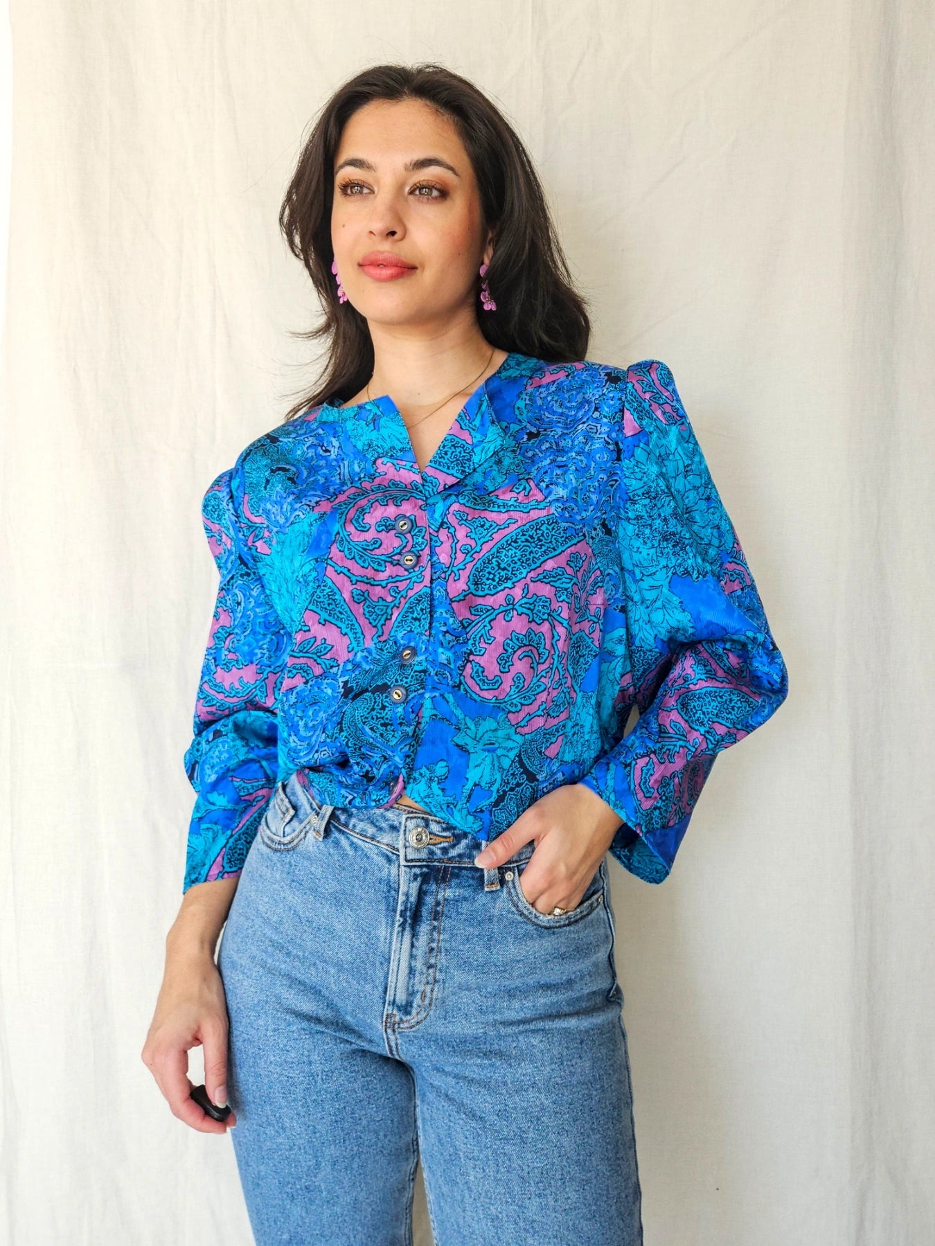 Hanne - blauwe vintage blouse met retroprint | 3XL