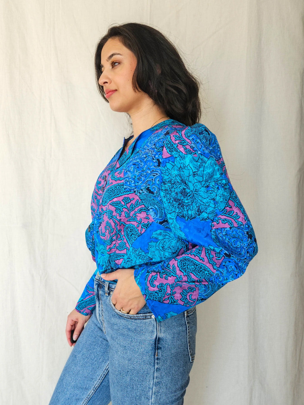 Hanne - blauwe vintage blouse met retroprint | 3XL