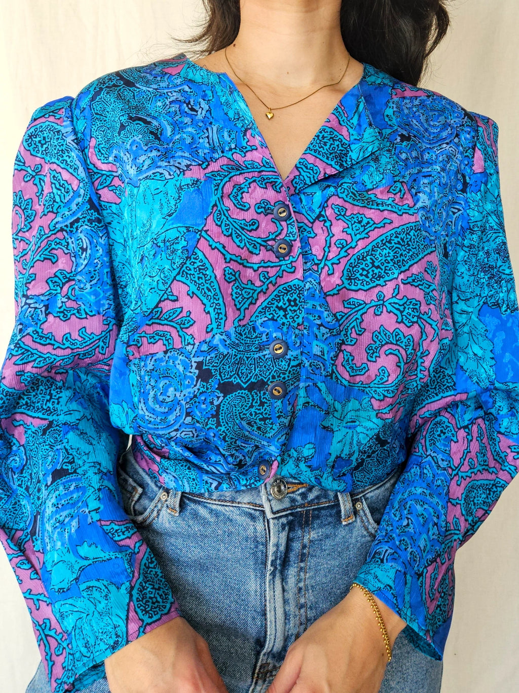 Hanne - blauwe vintage blouse met retroprint | 3XL