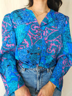 Hanne - blauwe vintage blouse met retroprint | 3XL
