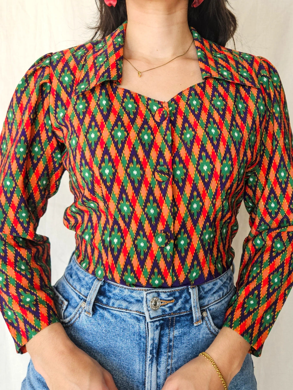 Lyra - vintage blouse met gekleurde print | XS/S