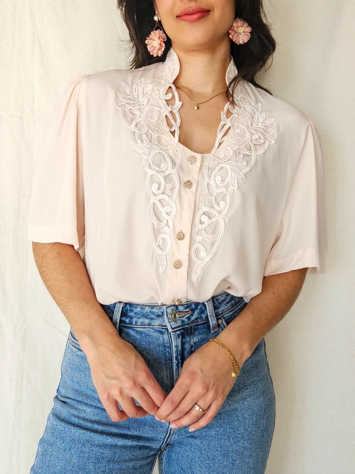Mae - romantische vintage blouse met korte mouw | XXL