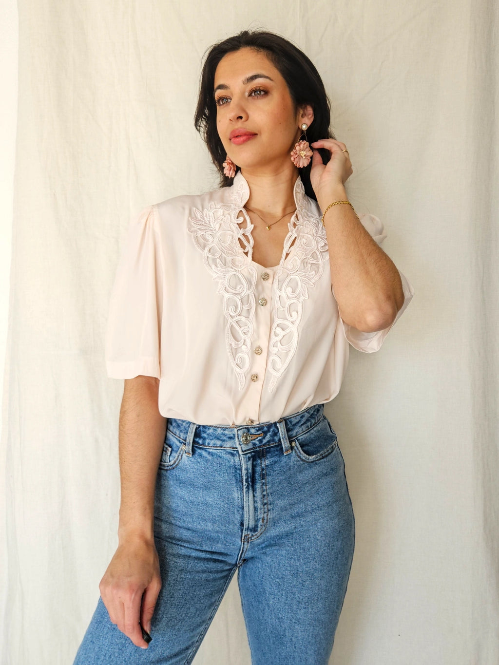 Mae - romantische vintage blouse met korte mouw | XXL