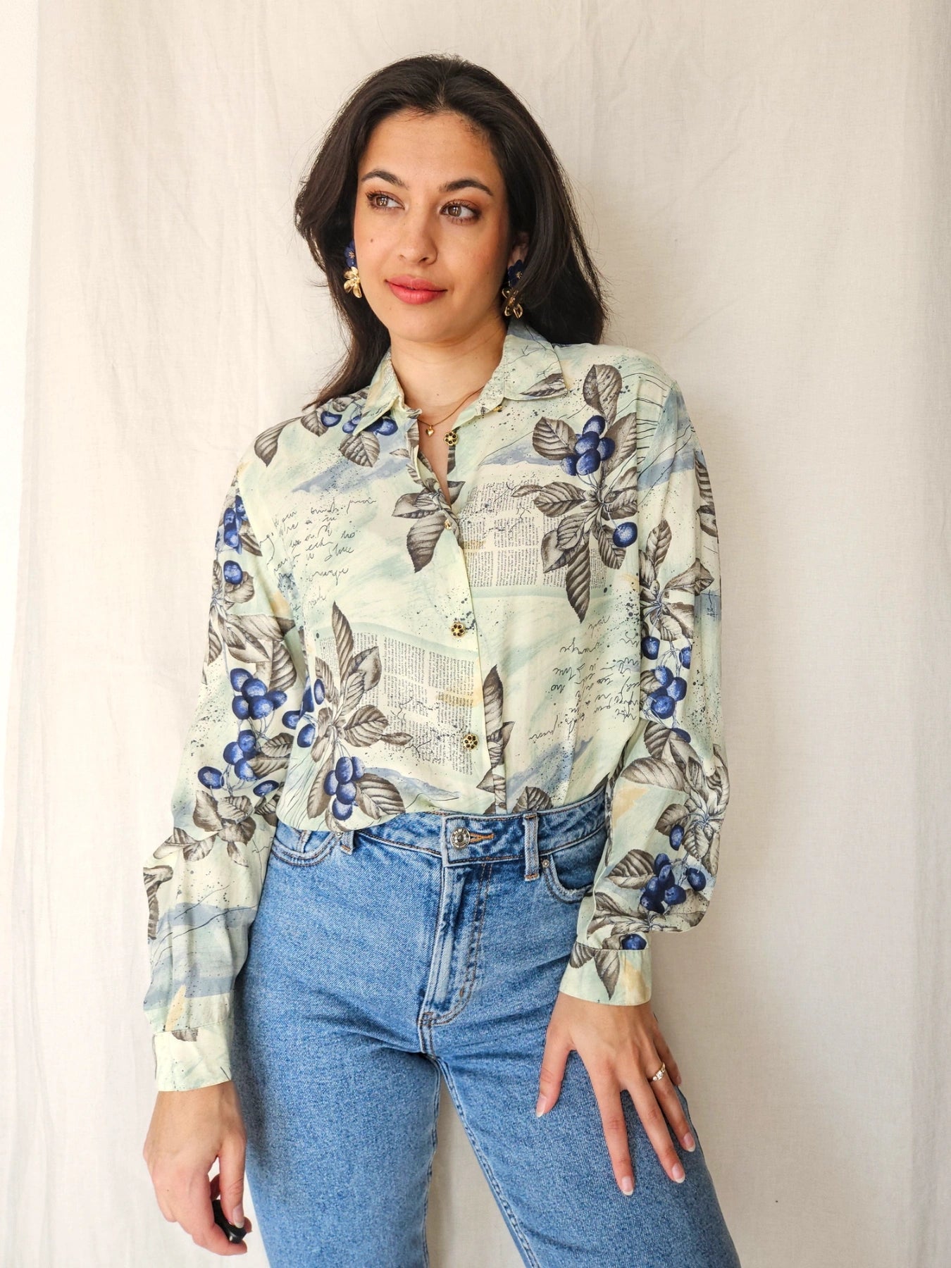 Cyra - lichtgroene vintage blouse, viscose | L