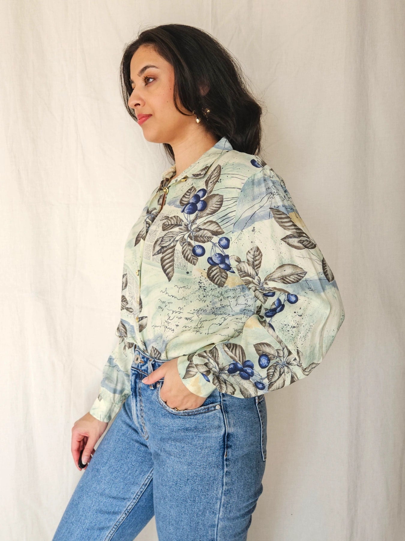 Cyra - lichtgroene vintage blouse, viscose | L