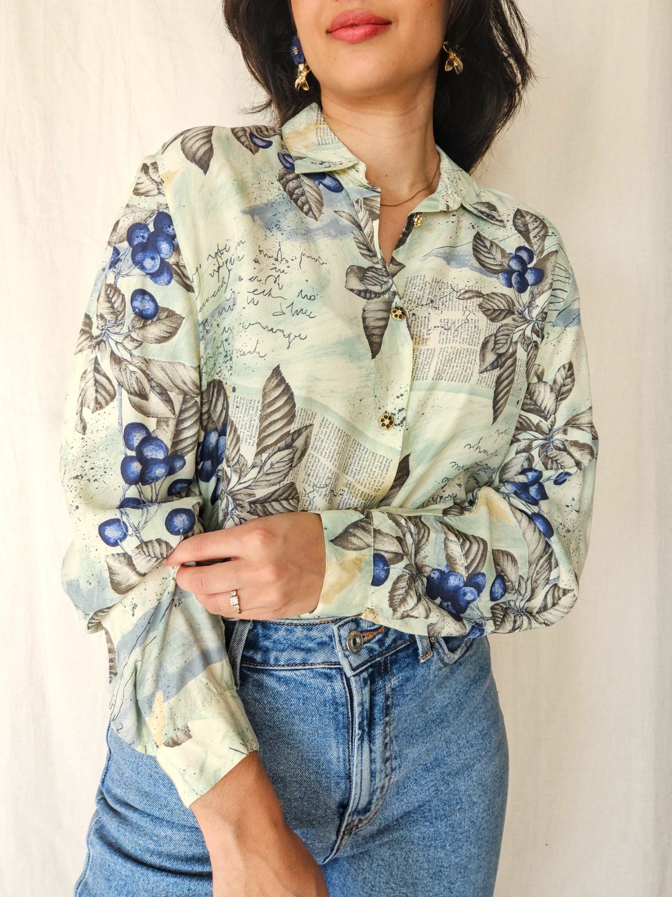 Cyra - lichtgroene vintage blouse, viscose | L