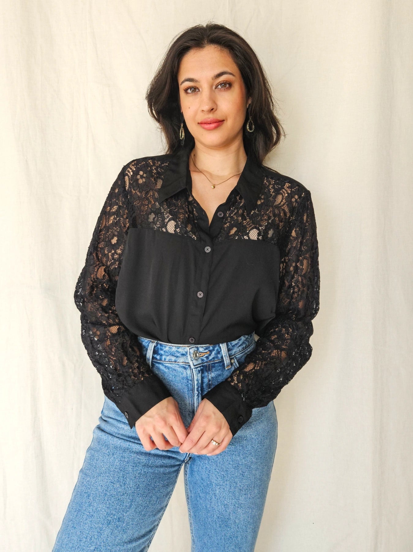 Avi - zwarte vintage blouse met kant | XL