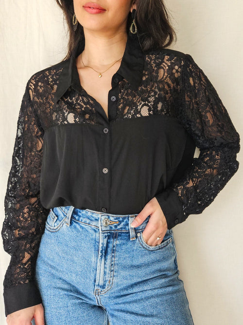 Avi - zwarte vintage blouse met kant | XL
