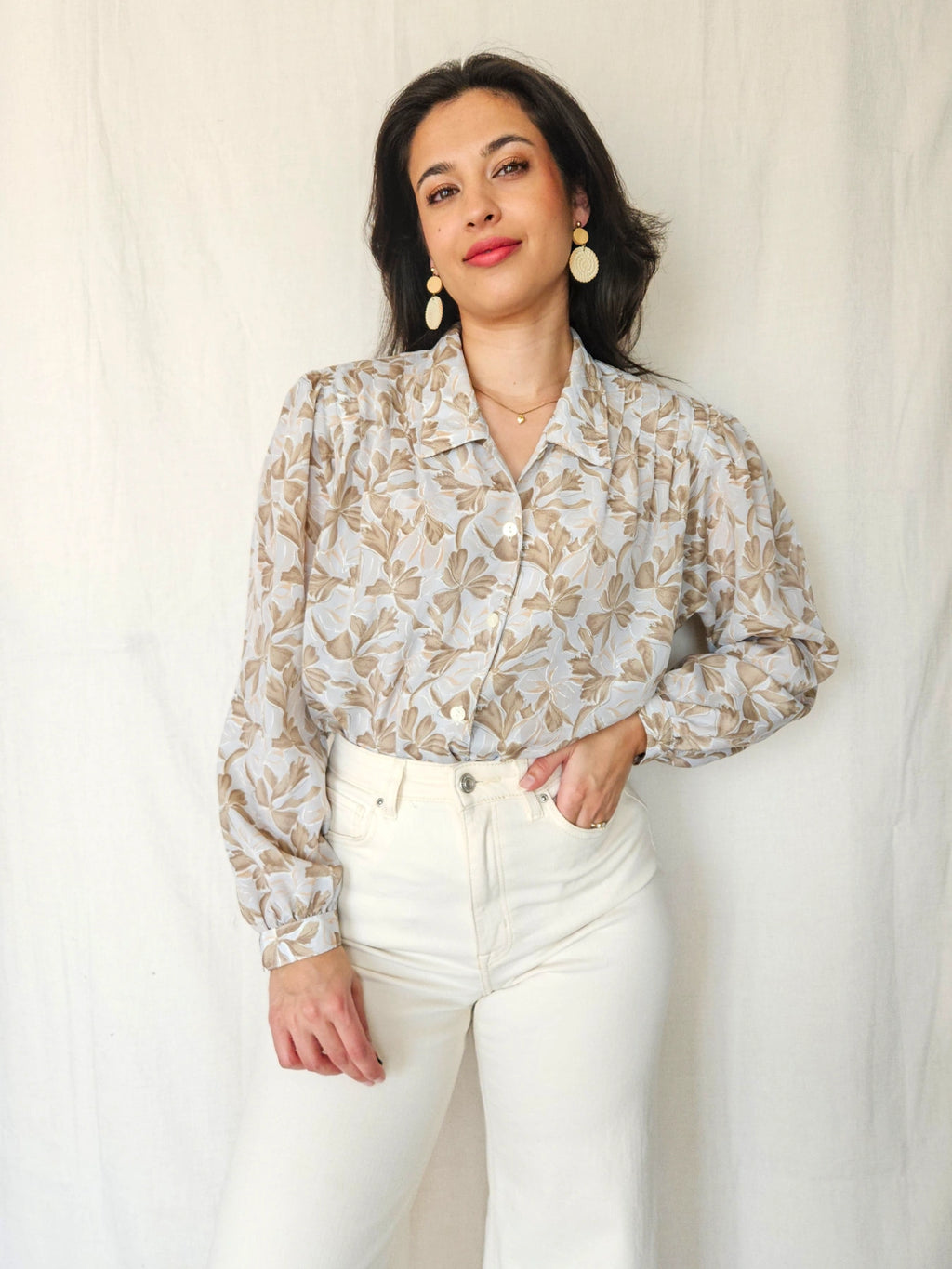 Tyra - grijsblauwe vintage blouse met strikjes | S/M