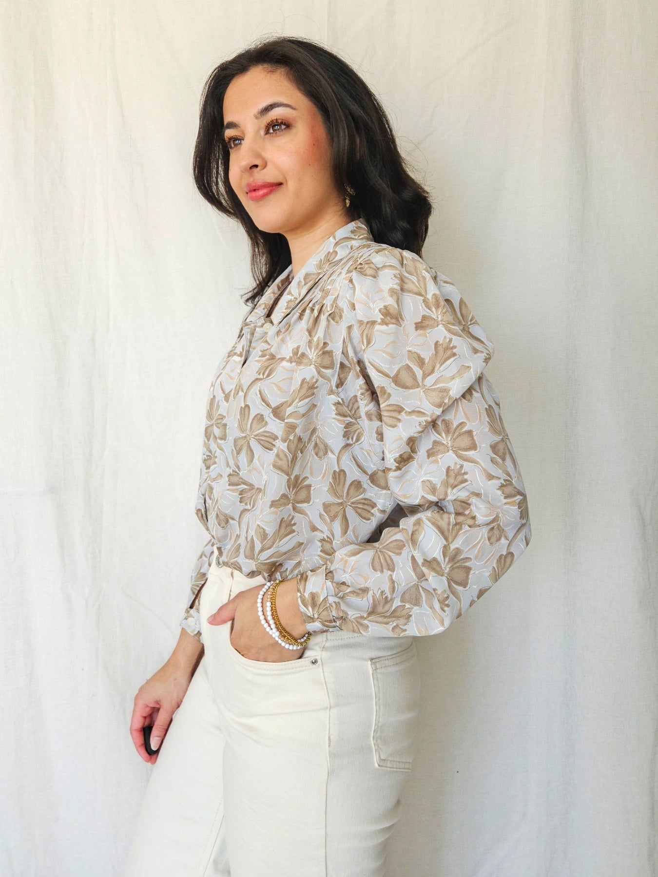 Tyra - grijsblauwe vintage blouse met strikjes | S/M