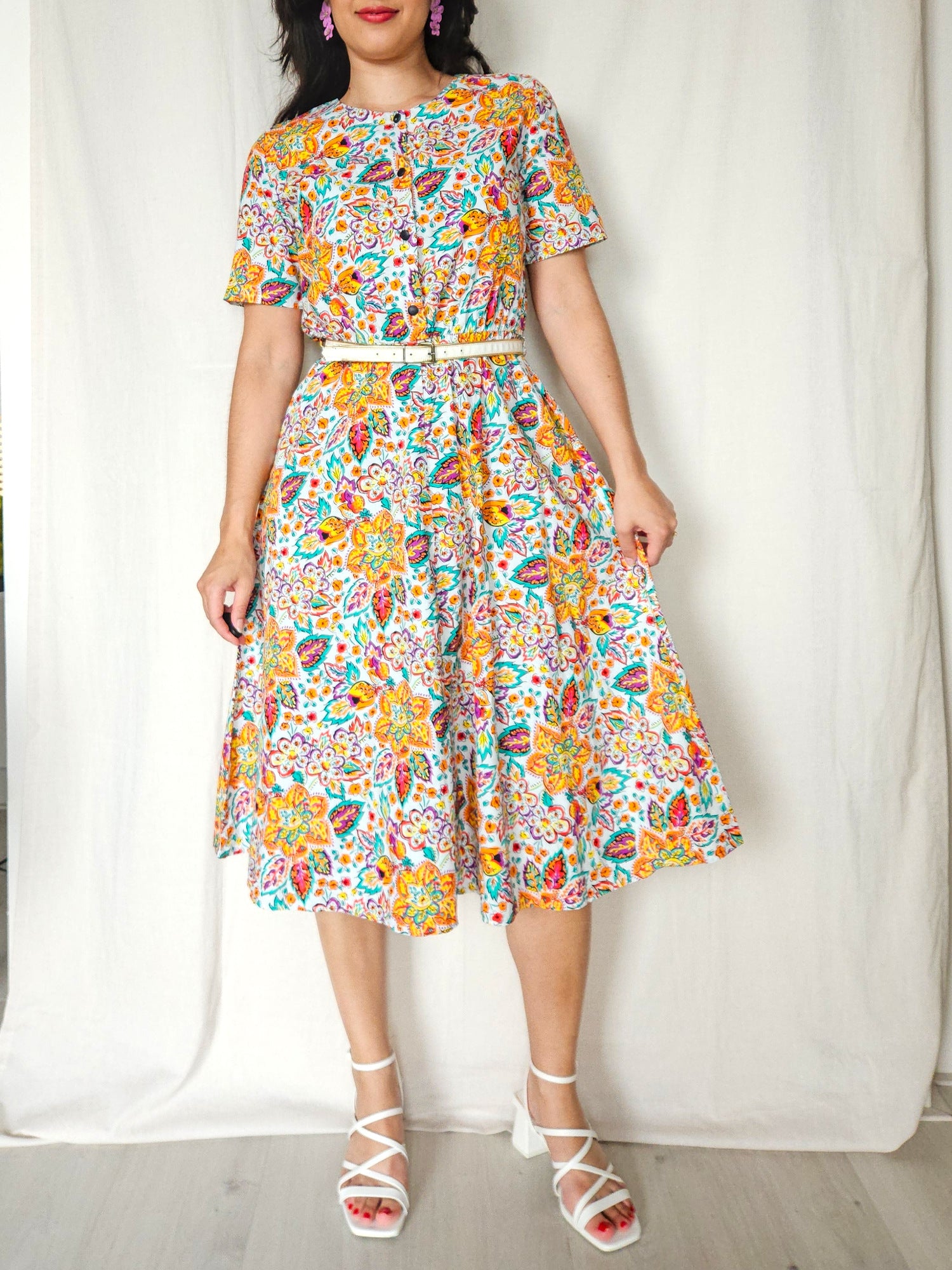 Elara - vintage midi jurk, katoen | M