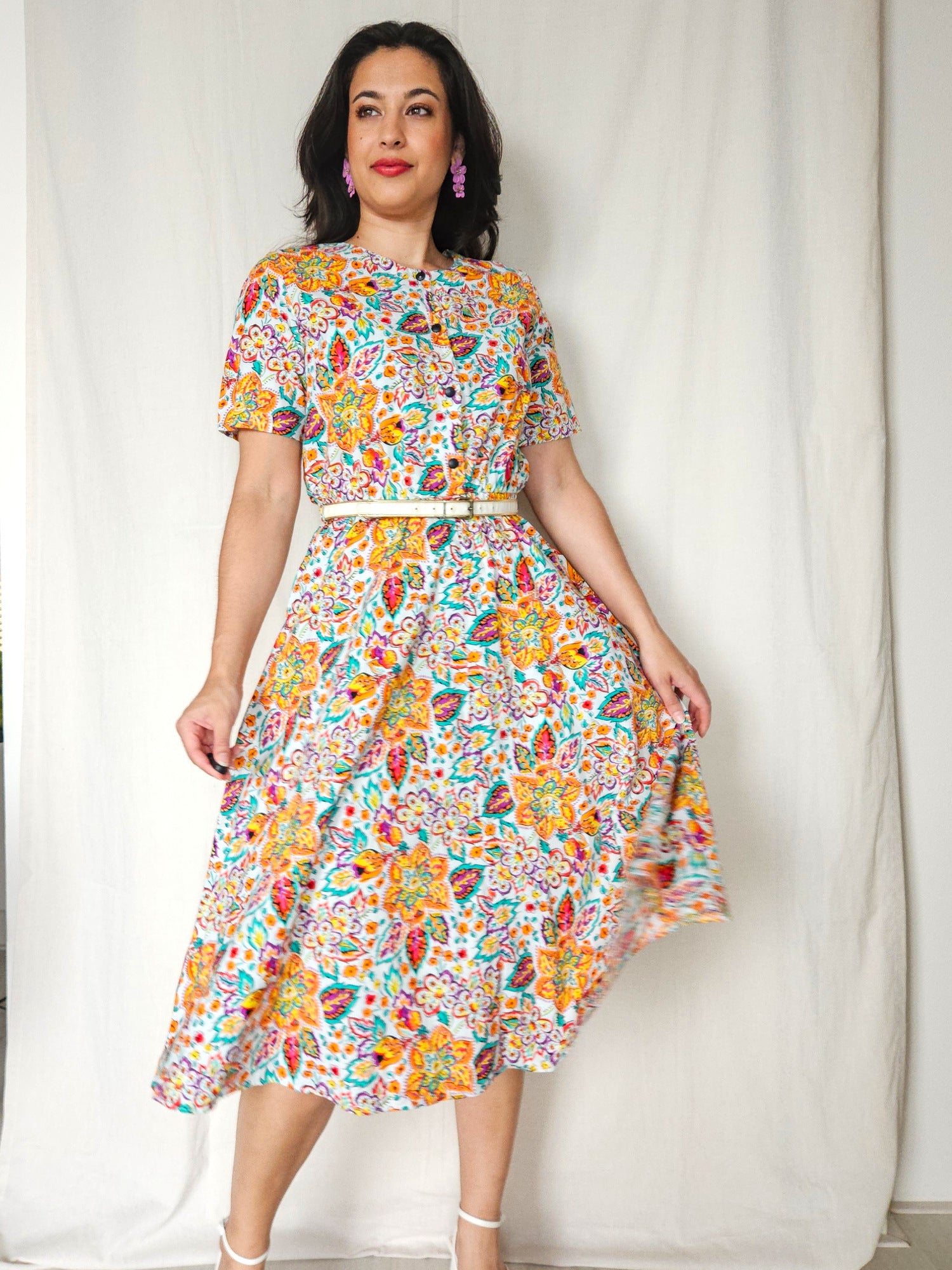 Elara - vintage midi jurk, katoen | M