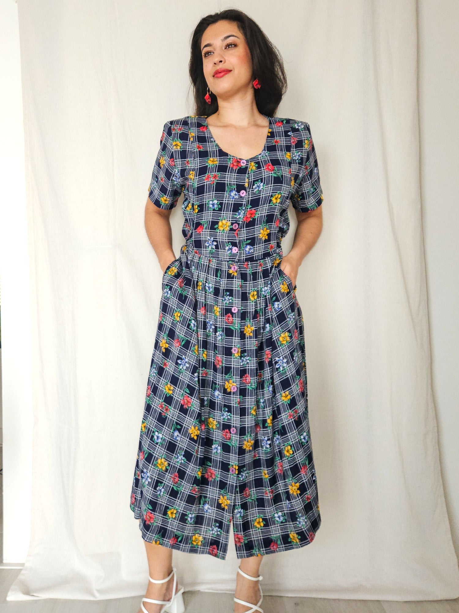 Cressida - donkerblauwe geruite vintage jurk, viscose | L