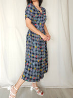 Cressida - donkerblauwe geruite vintage jurk, viscose | L