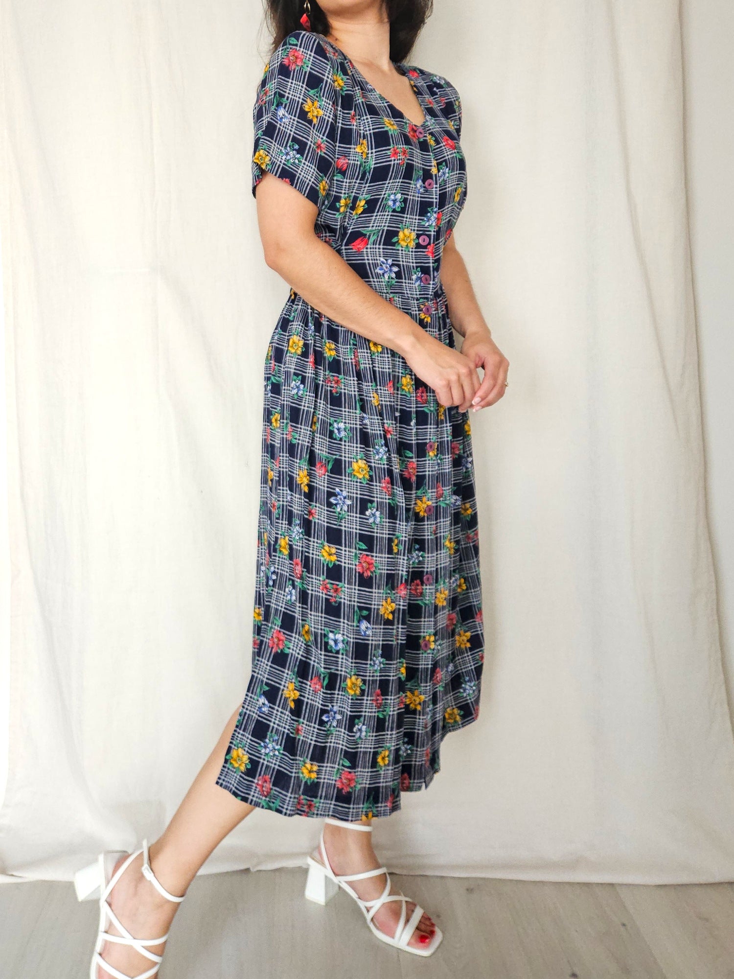 Cressida - donkerblauwe geruite vintage jurk, viscose | L