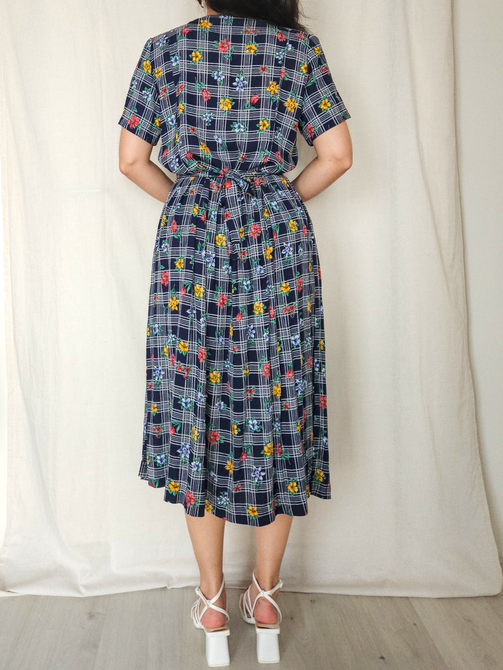Cressida - donkerblauwe geruite vintage jurk, viscose | L