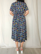 Cressida - donkerblauwe geruite vintage jurk, viscose | L