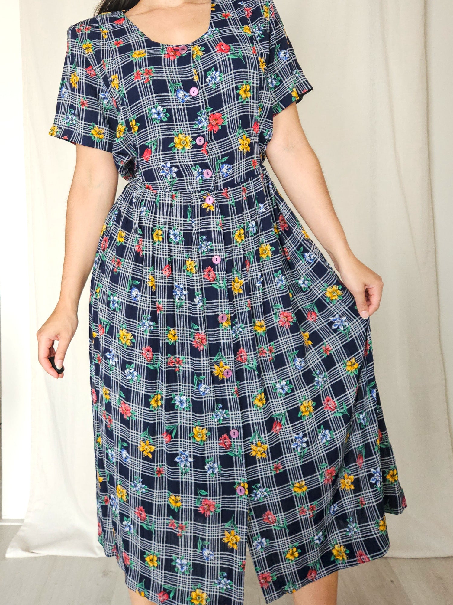 Cressida - donkerblauwe geruite vintage jurk, viscose | L