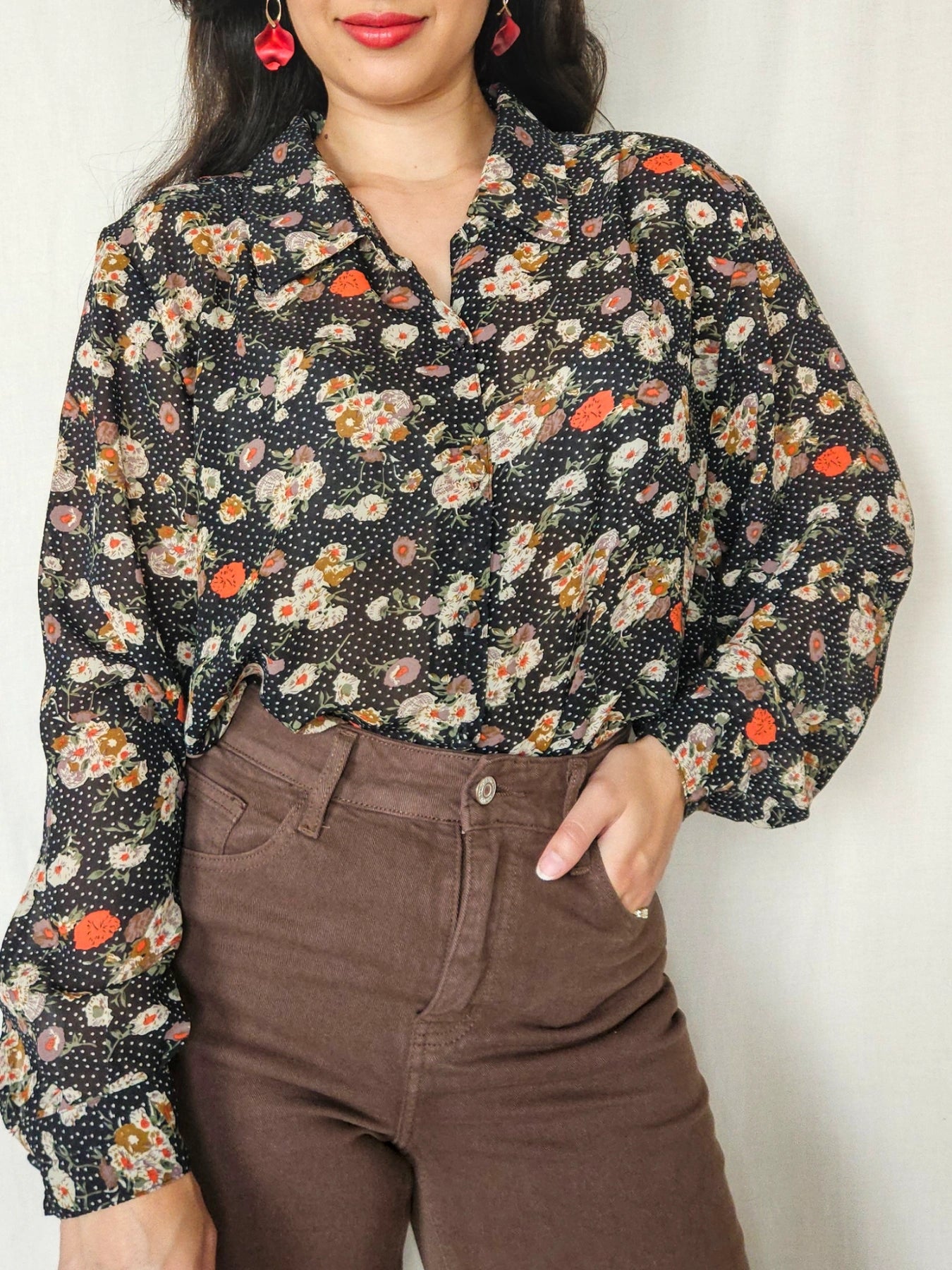 Noemi - zwarte vintage blouse met bloemenprint | XL