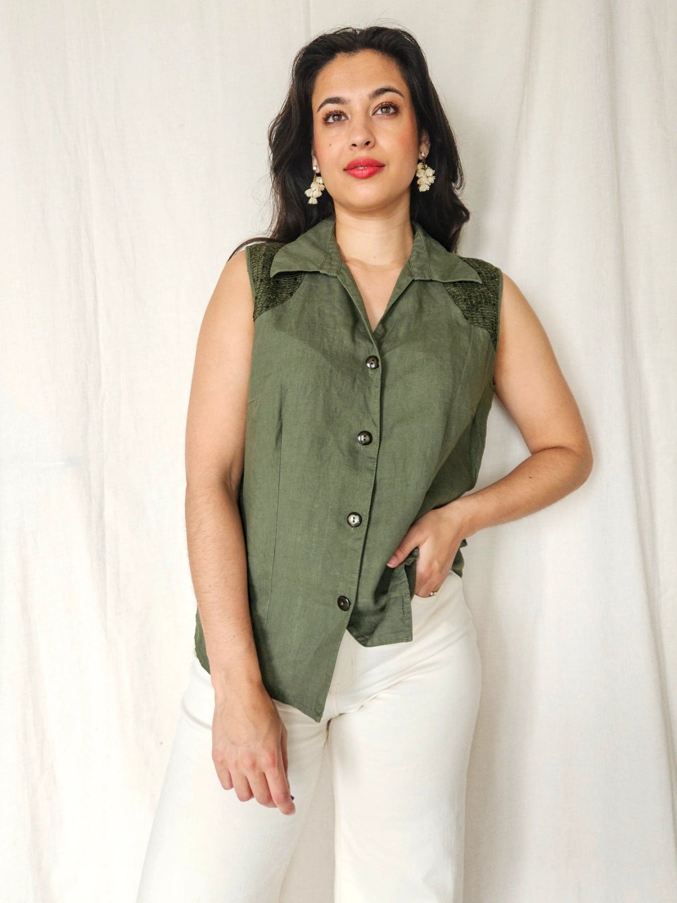 Olivia - olijfgroene vintage top, linnen | XXL