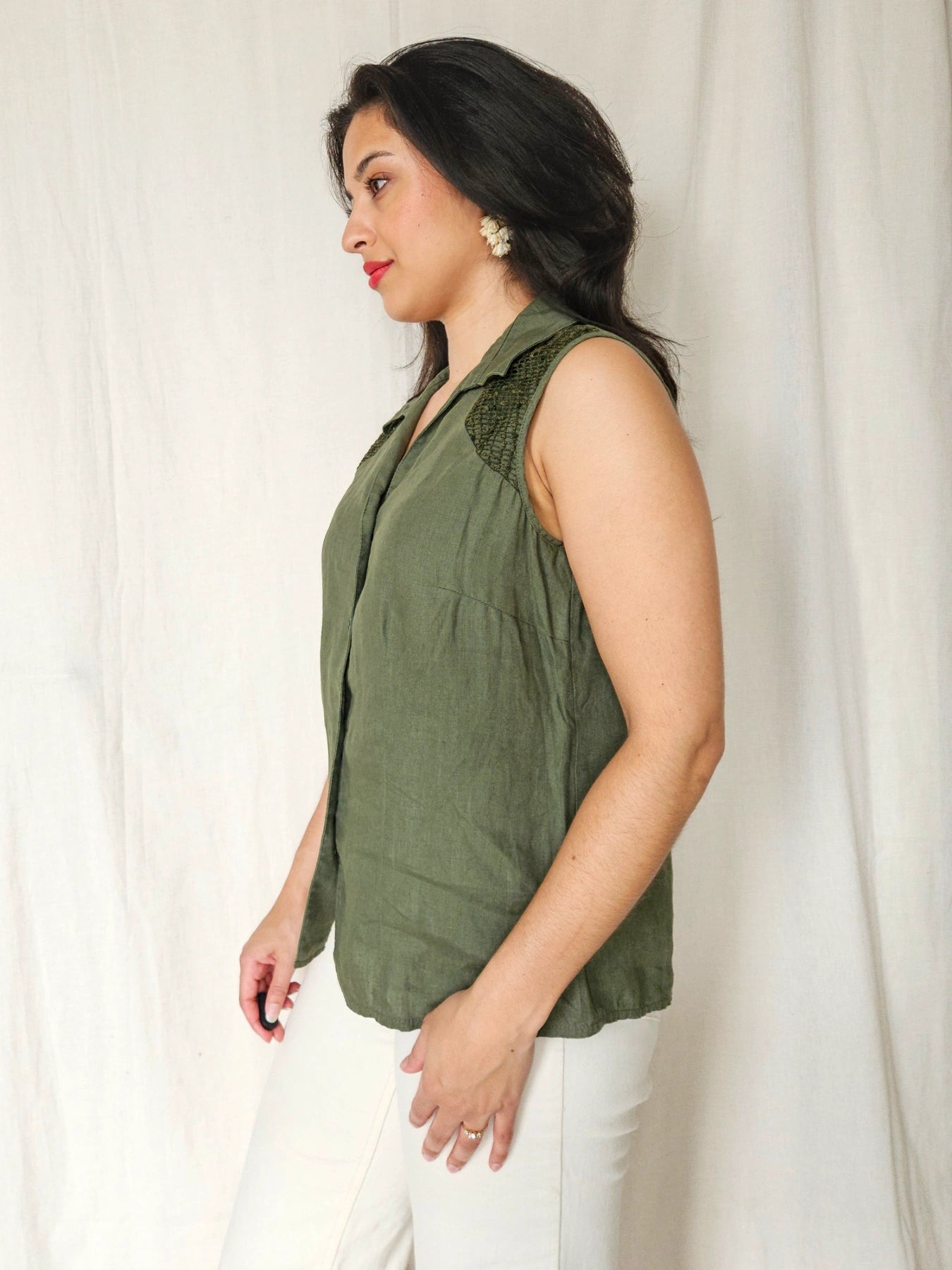 Olivia - olijfgroene vintage top, linnen | XXL
