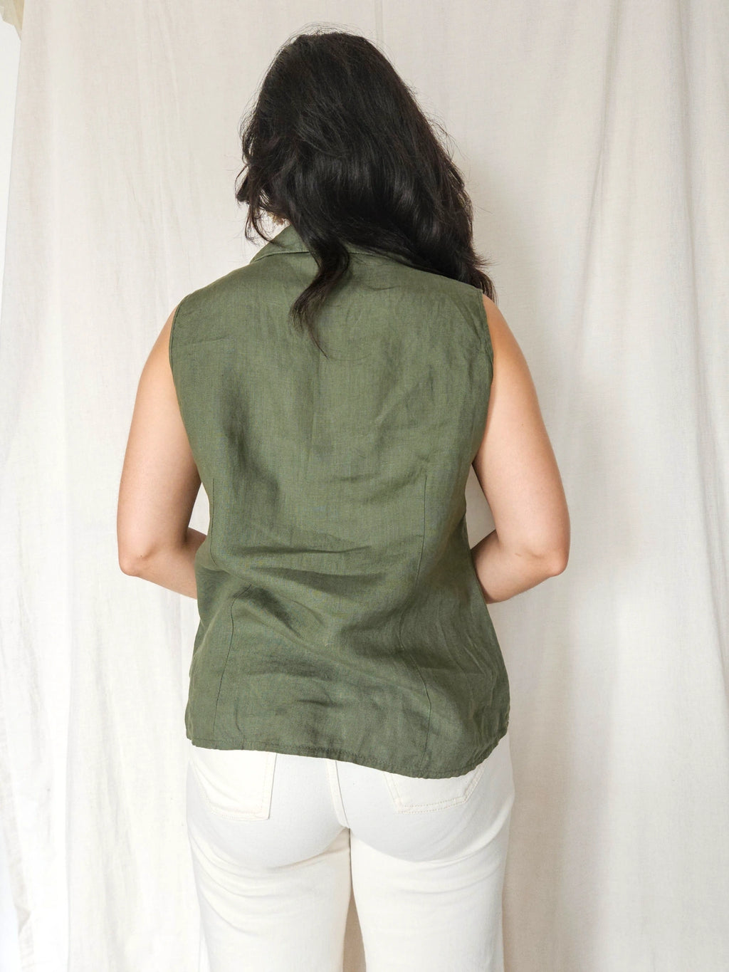 Olivia - olijfgroene vintage top, linnen | XXL
