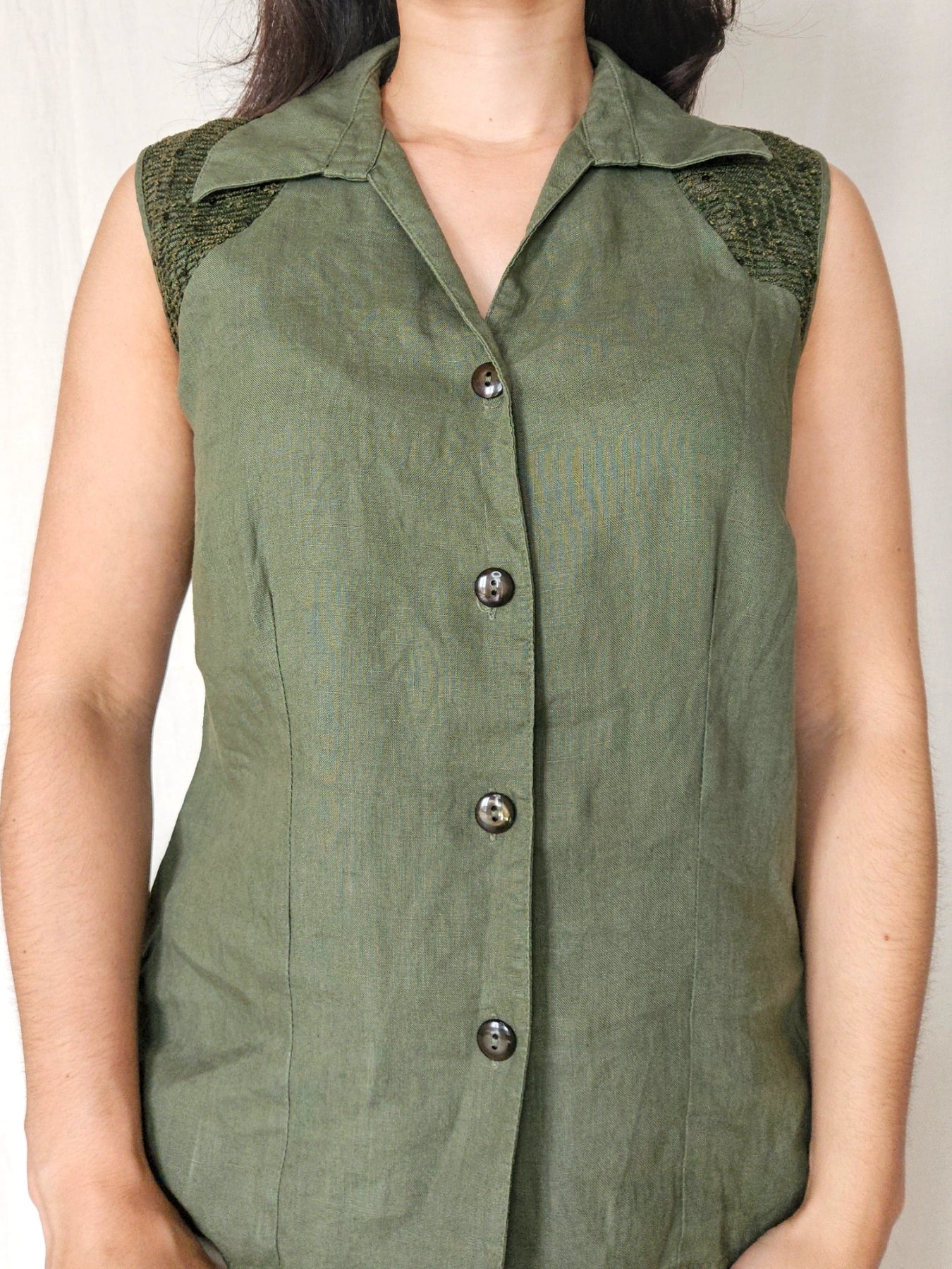 Olivia - olijfgroene vintage top, linnen | XXL