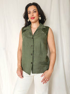 Olivia - olijfgroene vintage top, linnen | XXL