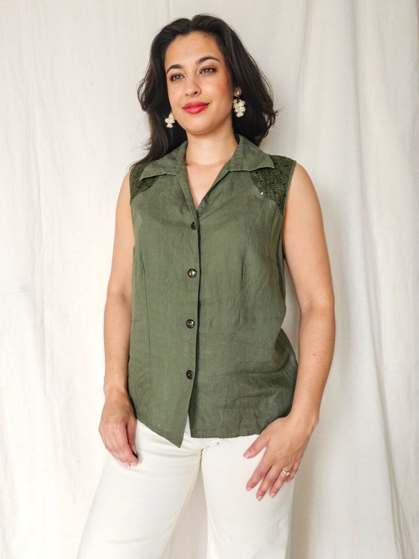 Olivia - olijfgroene vintage top, linnen | XXL