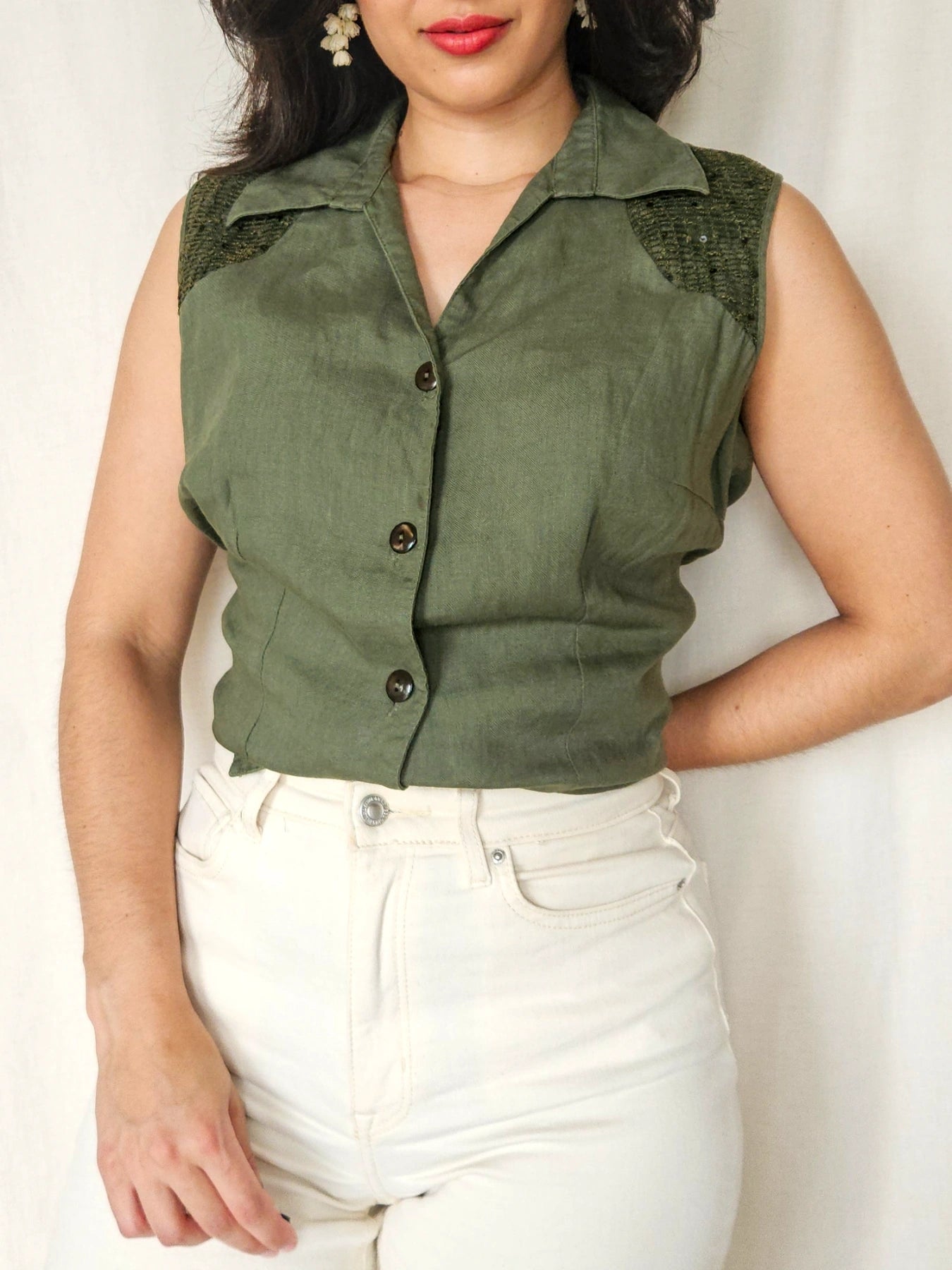 Olivia - olijfgroene vintage top, linnen | XXL
